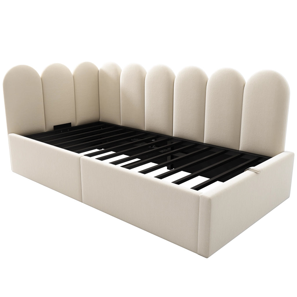 Letto da giorno imbottito 90x190 cm con contenitore idraulico, velluto, beige