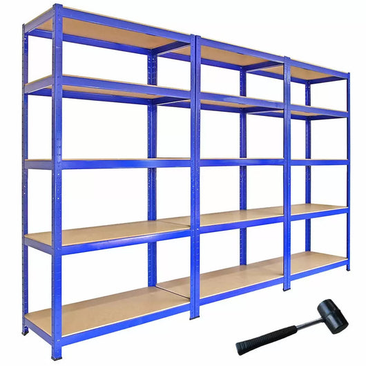 Set 3 Scaffali 5 Ripiani ad Incastro 90x45x180 Piani in MDF Struttura in Acciaio Blu