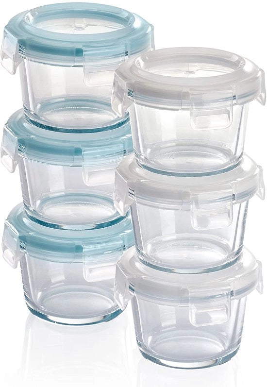 Mini conservatori in vetro per alimenti, set da 6 x 130 ml, ermetici, rotondi, chiusura a click, ideali per alimenti per bambini, integratori e salse.