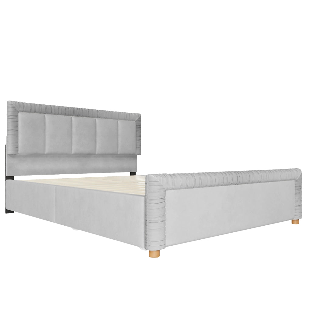 Letto imbottito 140x200 cm in velluto grigio con 2 cassetti e testiera imbottita