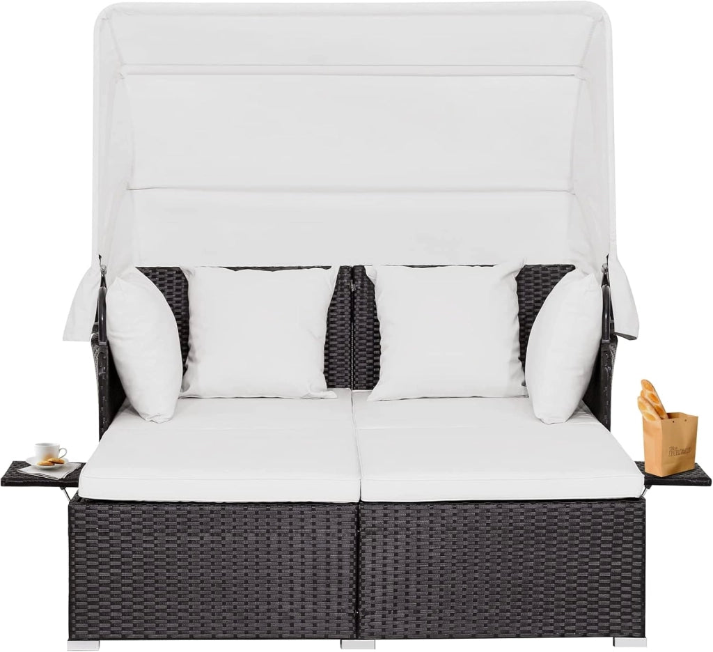 Isola Prendisole in Rattan per 2, Portato fino a 360 kg, Lettino Prendisole con Tettuccio Parasole Pieghevole, Cuscino e Pannelli Laterali, 165 x 153 x 70 cm