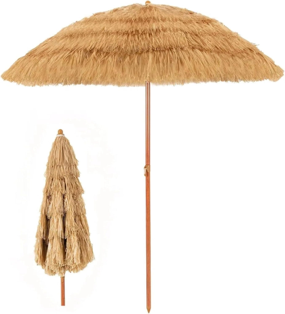 Ombrellone da Spiaggia 200 cm, Parasole Hawaiano, Antivento, Impermeabile, Anti UV, in Paglia Pieghevole e Portabile, Ombrellone in Rafia per Giardino, Balcone, senza Base, Giallo