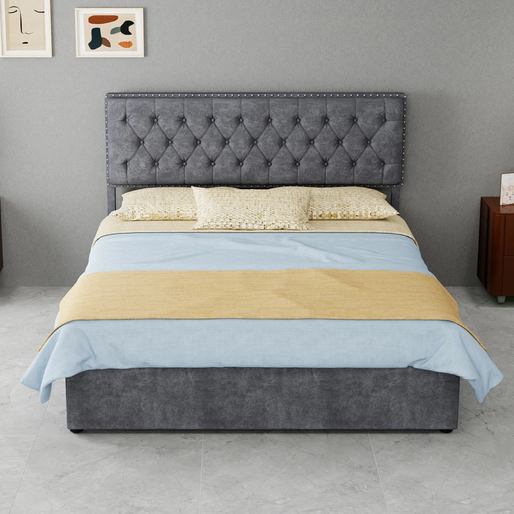 Letto imbottito moderno con testiera e vano a pistone, 140x200 cm, grigio