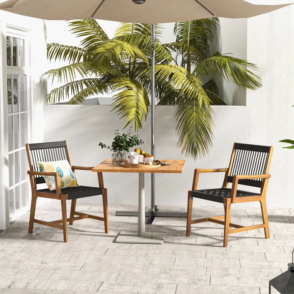 Set di 2 sedie da pranzo in legno di acacia per esterni, Sedie da patio intrecciate in corda con braccioli-Sedie da esterno