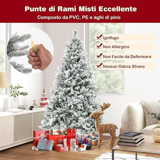 Albero di Natale Innevato 136/180 cm, Albero di Natale con 160/240 Luci LED, 472/850 Rametti di PE PVC, 26/34 Pigne, Aghi di Pino e 8 Modalità di Illuminazione (180 cm)