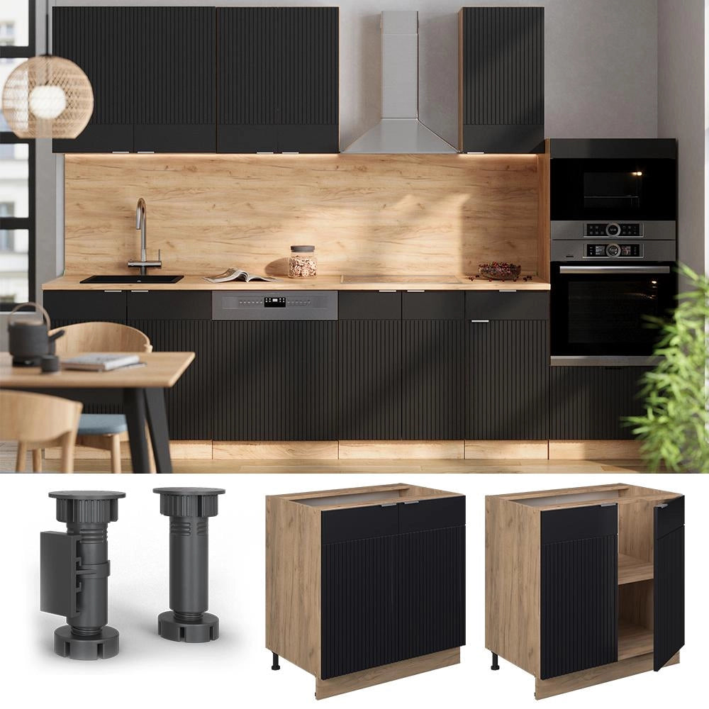 Mobiletto base cucina Fame-Line Nero rigato/Rovere dorato 80 cm con ripiano, senza piano di lavoro Vicco