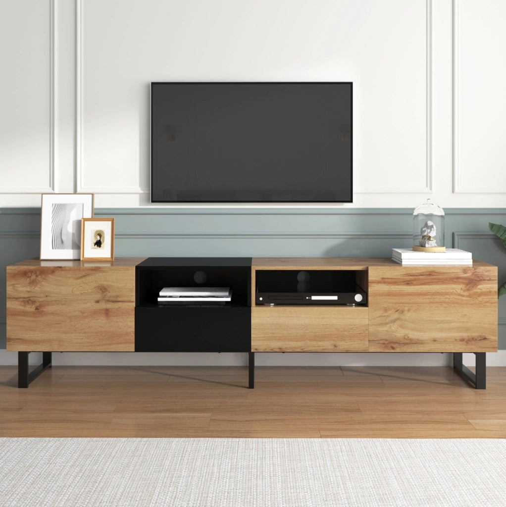 Mobile TV 190x38x48 cm con 2 ante e 2 cassetti; MDF; nero e legno naturale