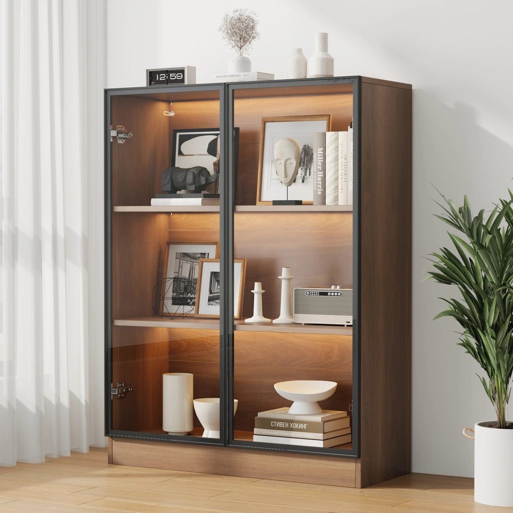Vetrina in vetro con LED, finitura Natural Walnut, struttura in vetro e pannelli truciolari, 80 x 30 x 106 cm