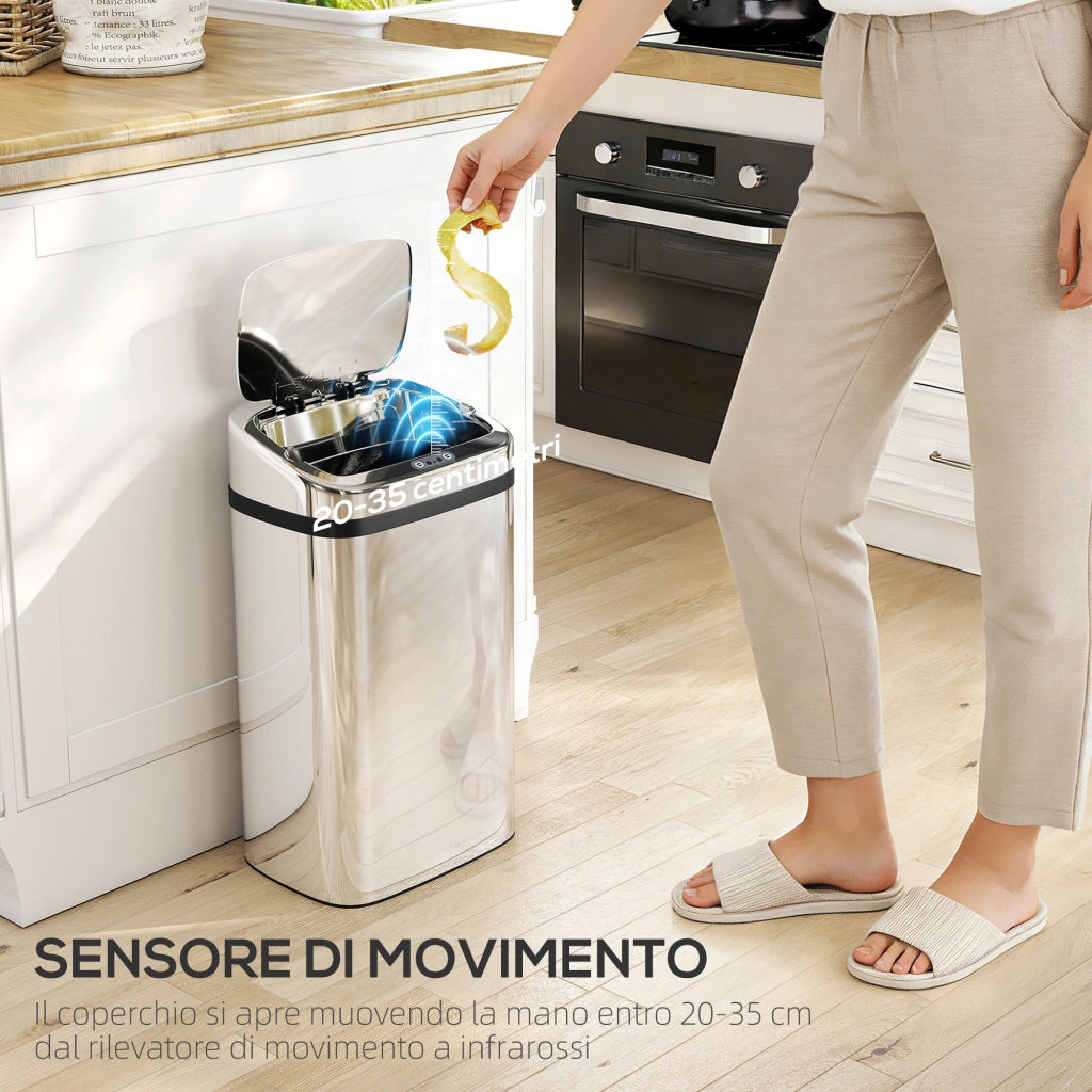 Bidone per Rifiuti da 30L con Sensore per Apertura e Chiusura Automatica 33x25x57,5 cm in ABS PP e Acciaio Argento