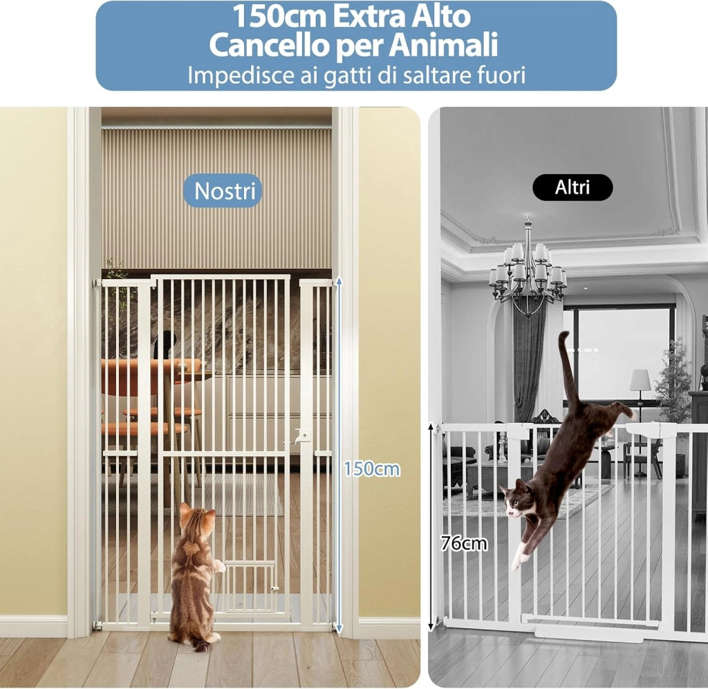 Porta per Animali Domestici Extra Alta, Cancello per Gatti in Metallo Pesante con Apertura da 77-104 cm, 2 Kit di Estensione, Porta Facilmente Percorribile (77-104 cm x 150 cm)