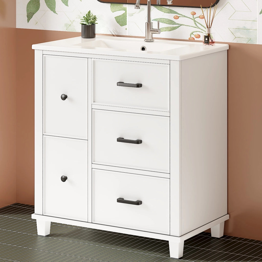 Mobile sottolavabo con 4 cassetti e 1 ribalta; per bagno; in MDF e ceramica; bianco