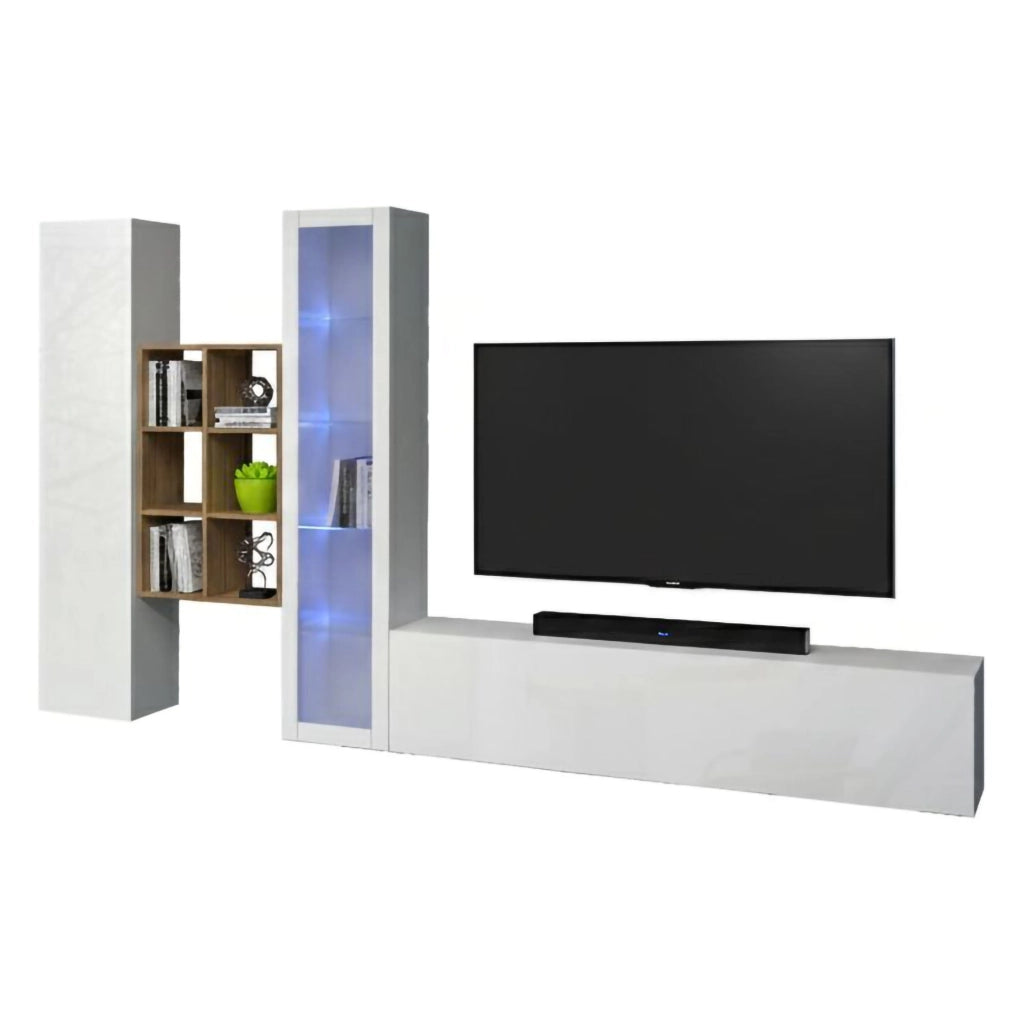 Mobile Soggiorno Ausonia, Parete Attrezzata 15 Ripiani Made in Italy, 320x30x180h cm Bianco Lucido
