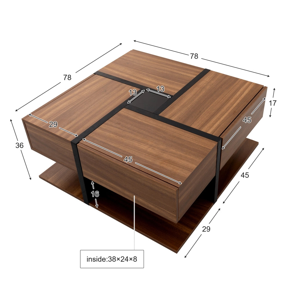 Tavolino da caffè quadrato con 4 Cassetti e 1 Vano Aperto per Soggiorno in Truciolato 78×78×36 cm Naturale