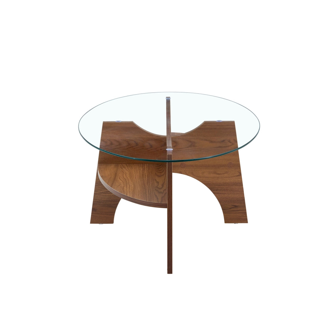 Tavolino da caffè ovale in vetro di sicurezza e MDF color noce con ripiano