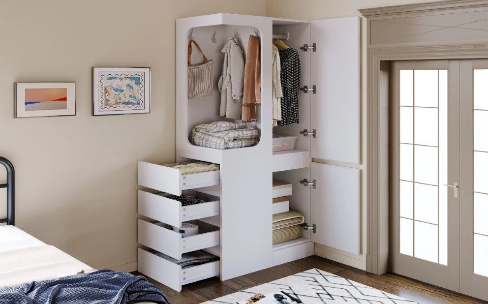Armadio singolo 70x40x170 cm con cassetti e vano appendiabiti aperto, colore bianco