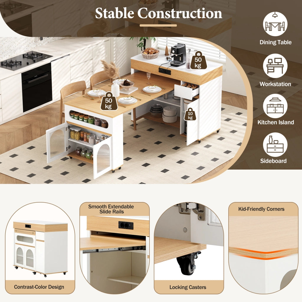 Tavolo allungabile con cassetto e vano contenitore vetrato; per cucina e sala da pranzo; stile moderno
