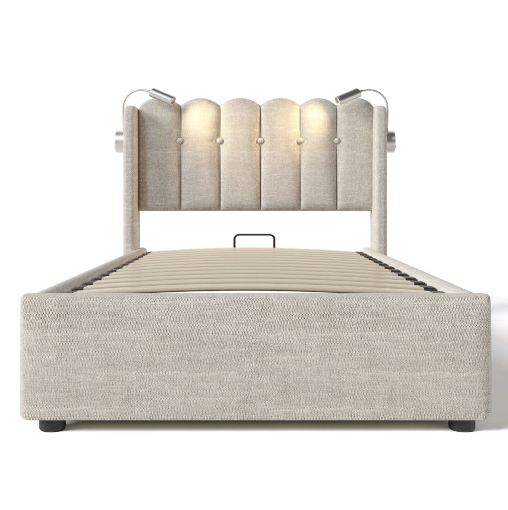 Letto contenitore singolo 90x200 cm con luce da lettura e porta USB; lino naturale