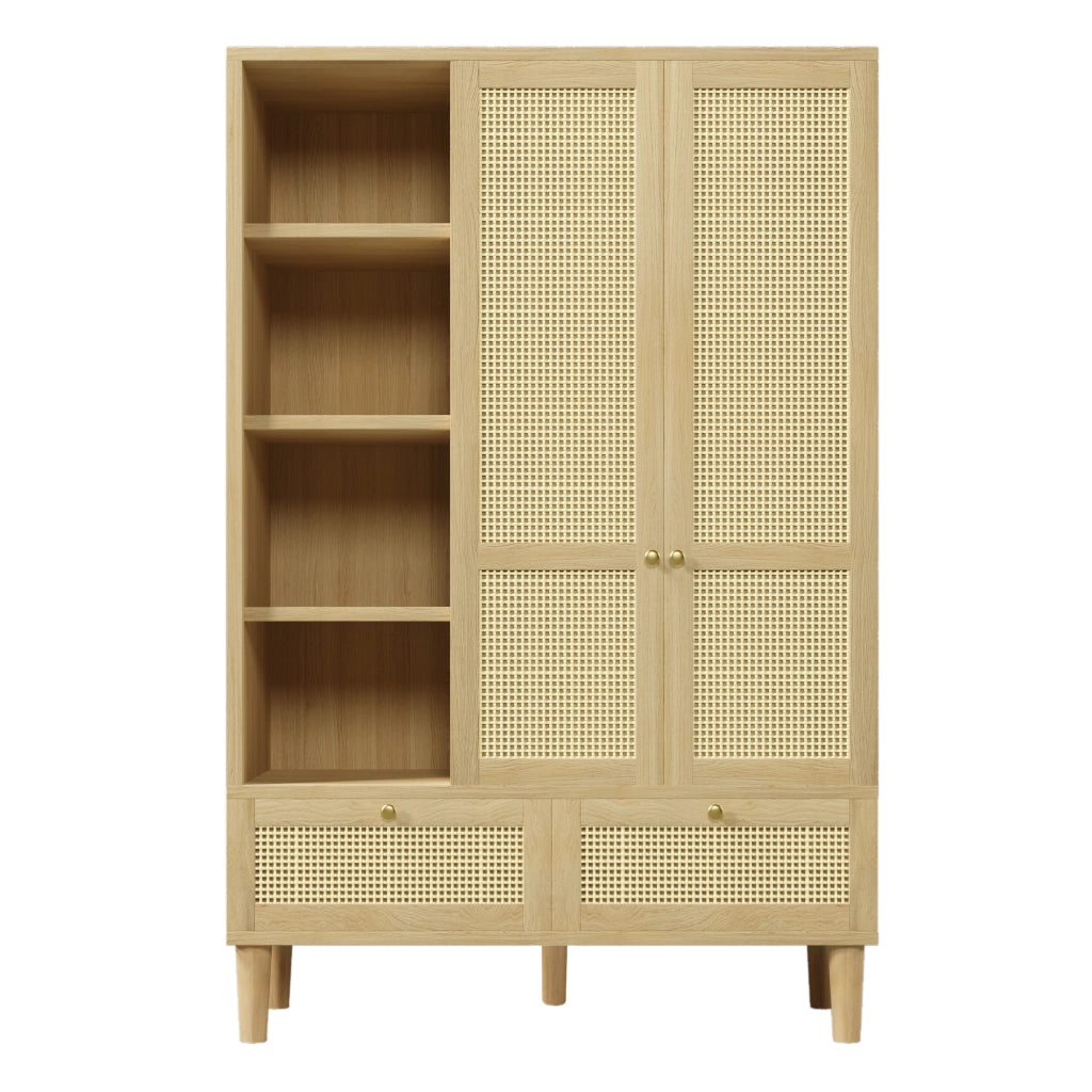 Armadio in legno massello, ante con decorazioni in vimini, 2 cassetti, ripiani aperti, color rovere