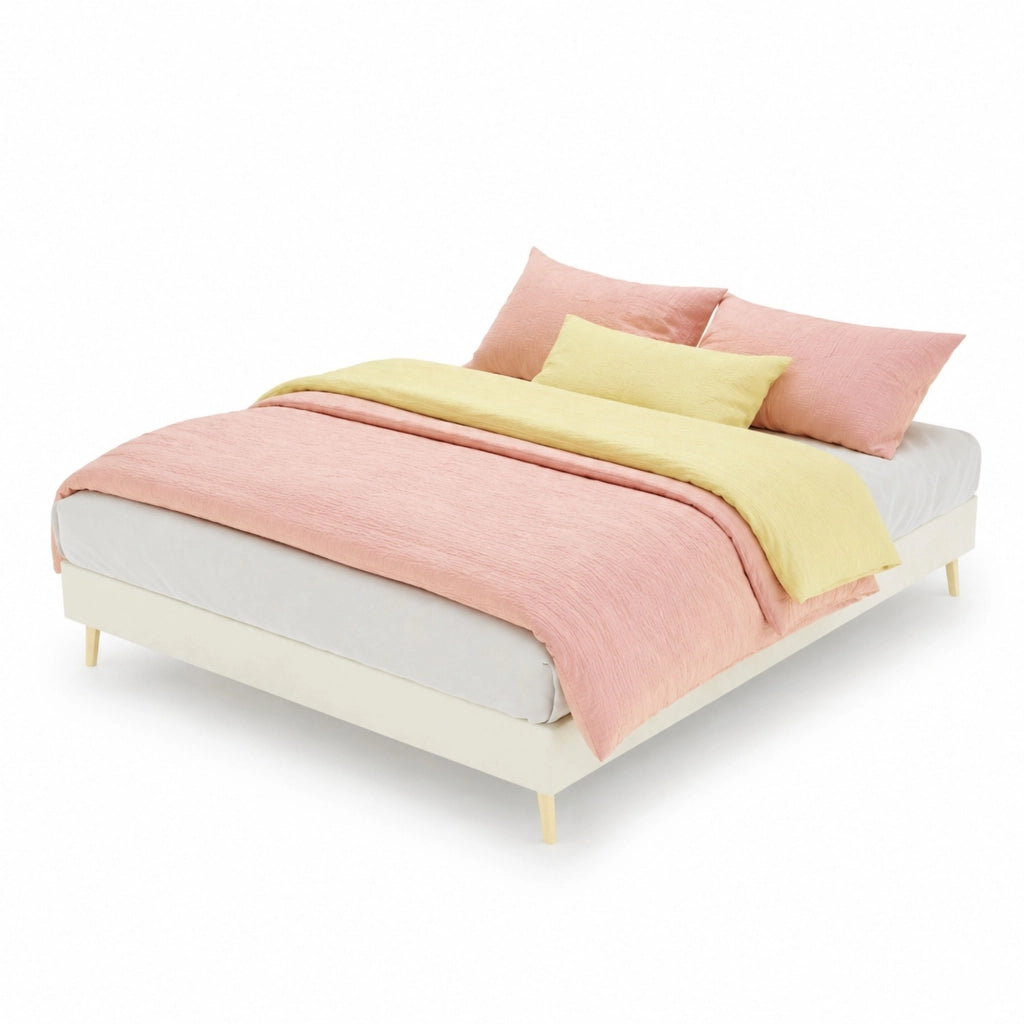 Letto matrimoniale 140x200 cm in tessuto Dutch Velvet beige con testiera alta e struttura salvaspazio