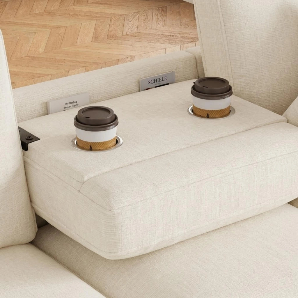 Divano angolare a L con chaise longue e vano contenitore, schienale ribaltabile con portabicchieri, in chenille beige