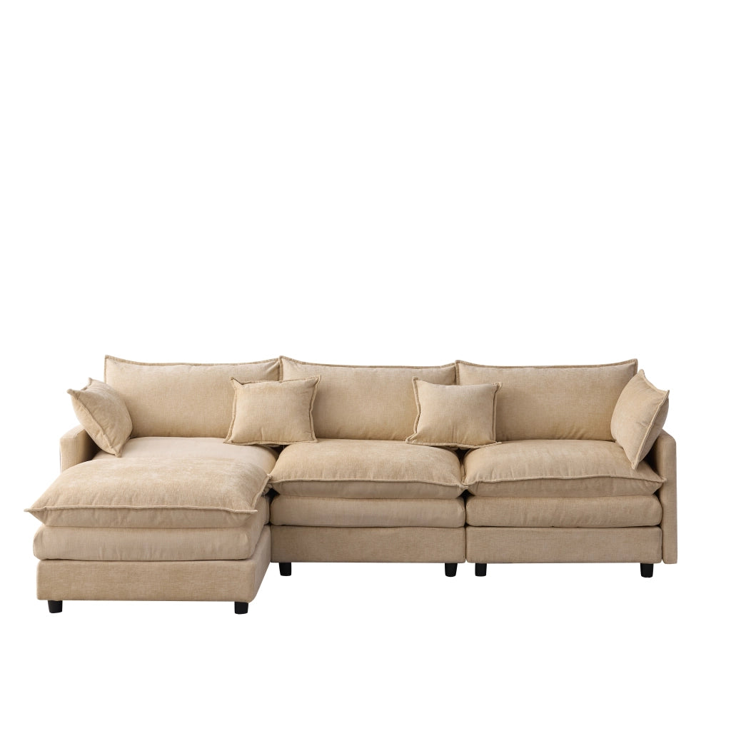 Divano angolare modulare 3 posti con chaise longue e pouf; design componibile in chenille - caffè chiaro