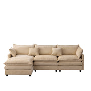 Divano angolare modulare 3 posti con chaise longue e pouf; design componibile in chenille - caffè chiaro