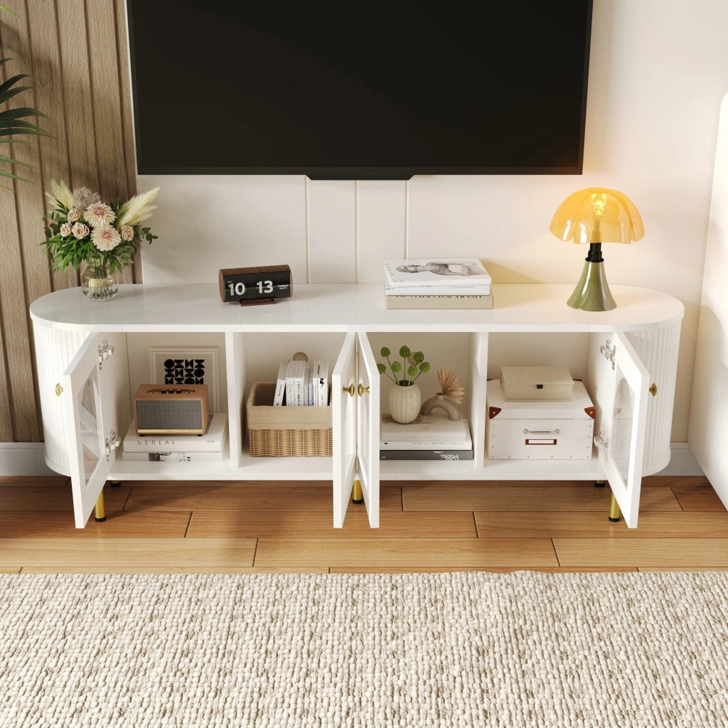 OKWISH Mobile TV con 4 Ante in Vetro, Passacavi e Cerniere Ammortizzate, per Soggiorno, MDF, 170 x 35 x 55 cm, Bianco e Oro
