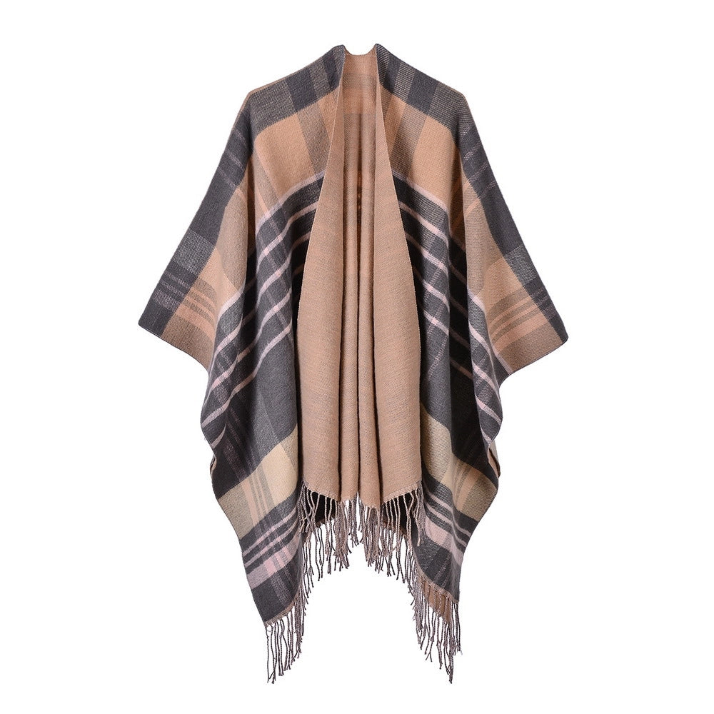 Sciarpa da donna in cashmere extra spessa e calda con nappe e motivo a quadri.