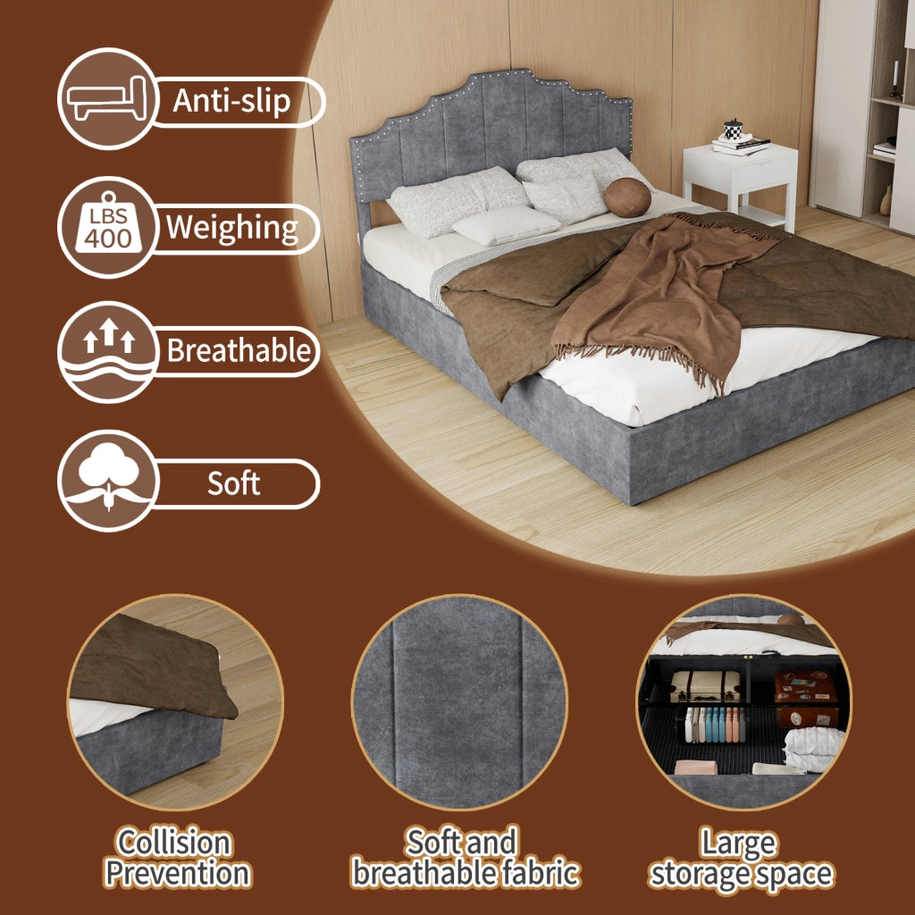 DESMIU Letto 140 × 200 cm 2 posti con testiera geometrica e materasso incluso, in velluto grigio