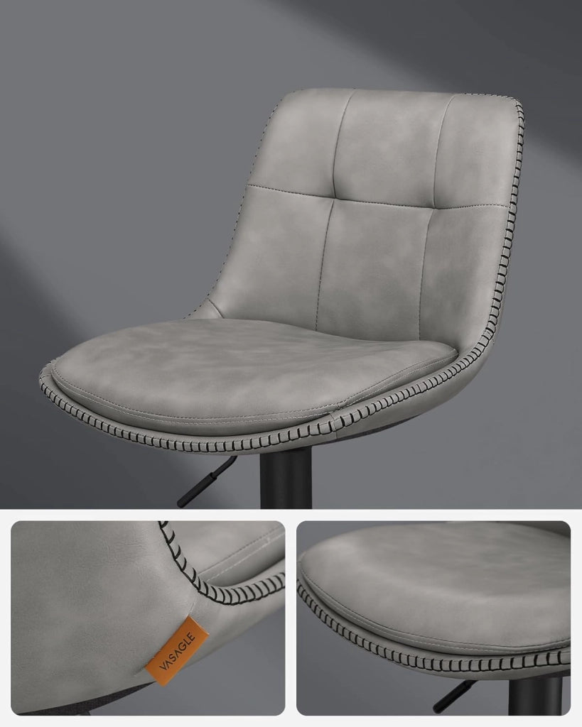 VASAGLE Set di 2 Sgabelli da Bar, Sedie da Bar Girevoli Regolabili in Altezza, PU Trapunta, Sedie da Cucina con Schienale e Poggiapiedi, Sala da Pranzo, Bancone, Acciaio, Grigio Tortora LJB095G01