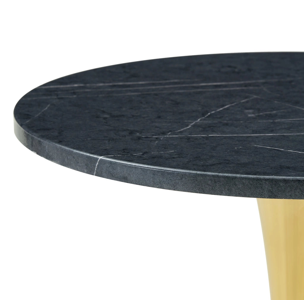 Tavolo rotondo da salotto in MDF e metallo; effetto marmo nero con base oro; altezza 72 cm
