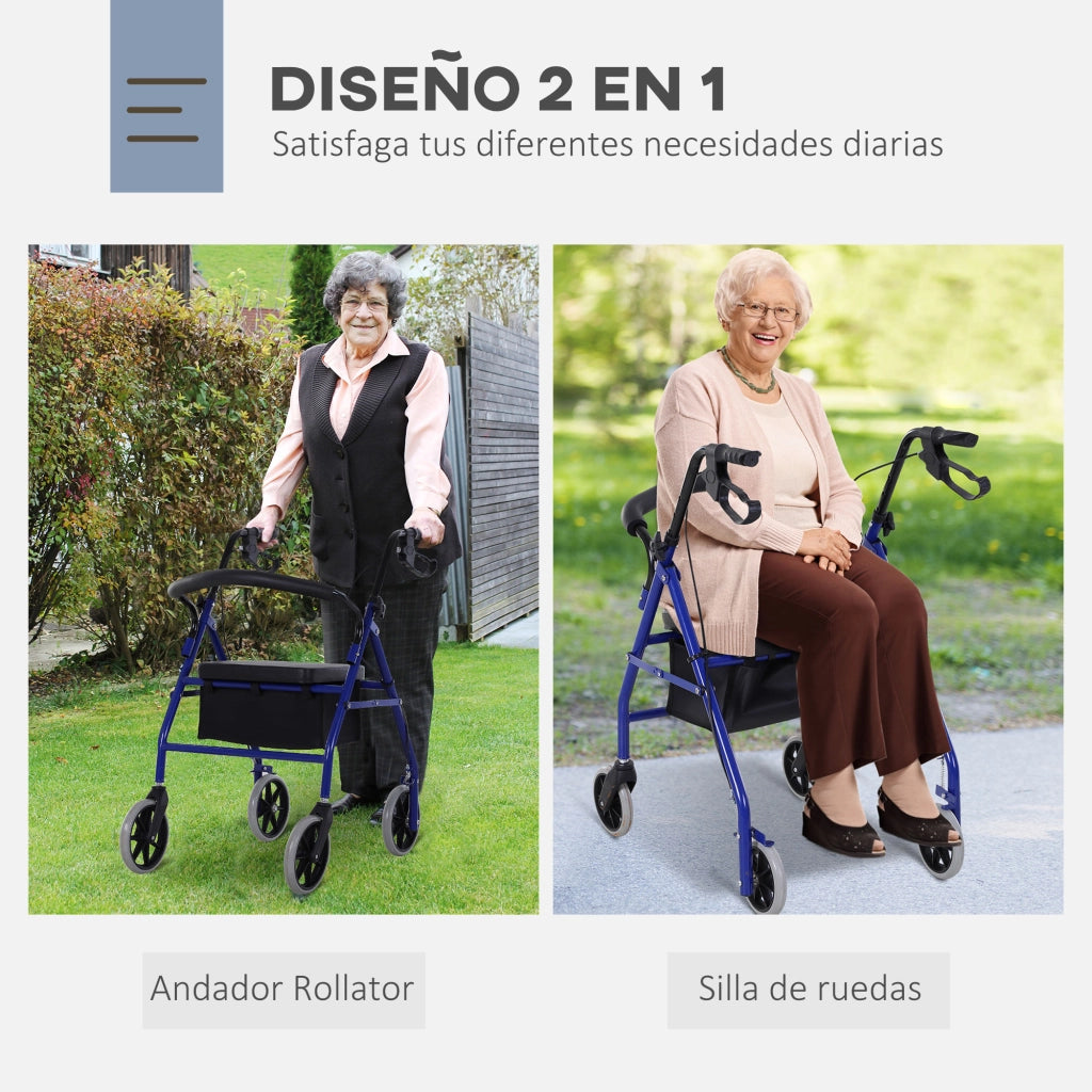 Deambulatore Pieghevole per Adulti ¨C Xylo ¨C con Sedile, Freni e Cestino Portaoggetti 65x53x79-89 cm Blu e Nero