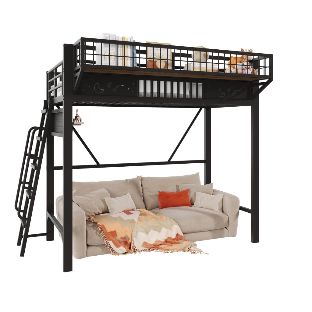 Letto a soppalco 90x200 cm in metallo nero con vani portaoggetti e scala reversibile; senza materasso