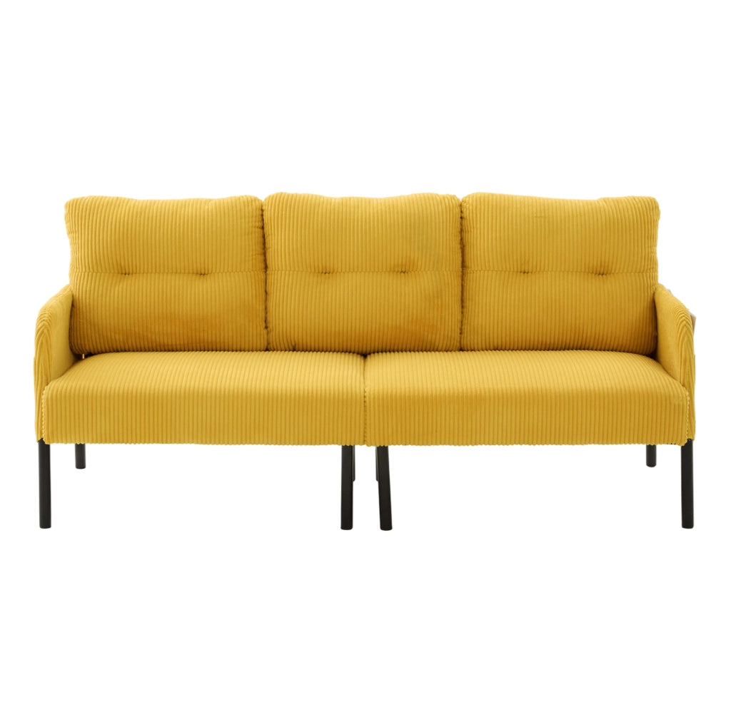 Divano 3 posti in velluto a coste giallo 171x72x80 cm con tasca laterale e struttura in metallo