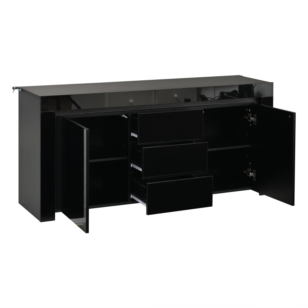 Sideboard moderno nero 140 x 40 x 65 cm con 2 ante, 3 cassetti, LED e finitura lucida