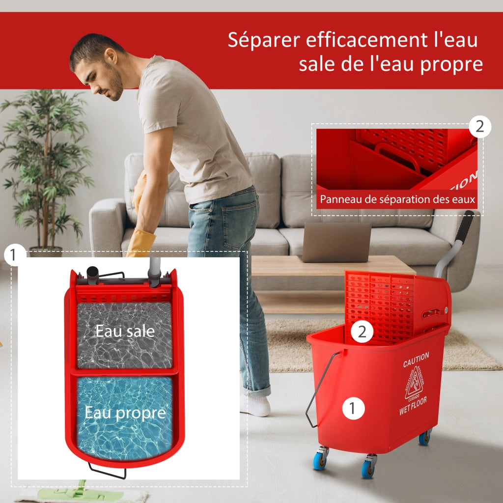 Carrello per pulizia con secchio 20L ¨C zephmum ¨C rosso 60x27x70.5 cm