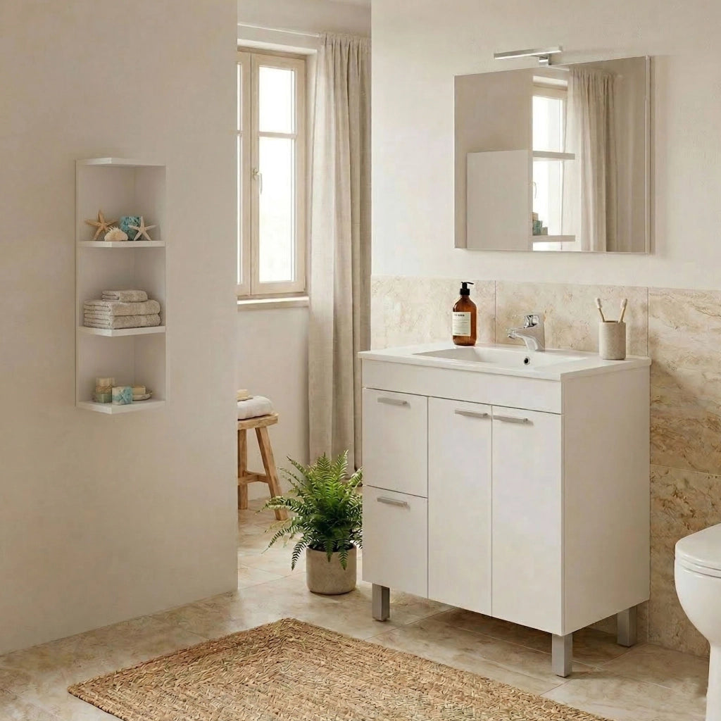 Trecase, set Mobili Bagno Specchio Incluso, Bianco Lucido