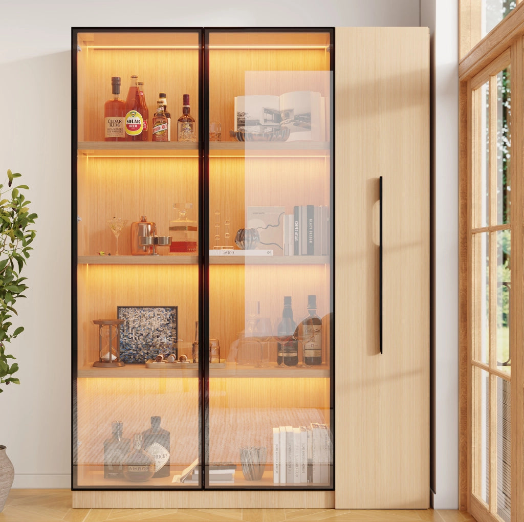 Libreria vetrina moderna 110;5x35x160 cm in MDF rovere con LED e anta in vetro