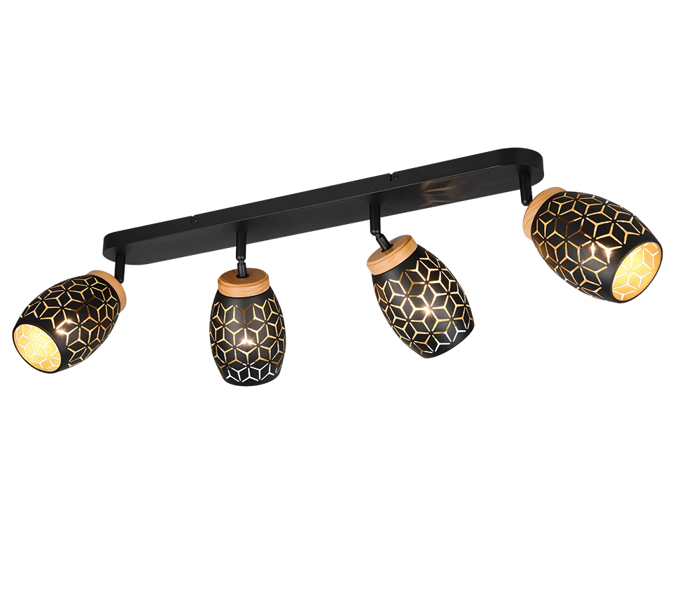 Barra 4 spots, metallo, nero e legno, L 74 cm, Bidar