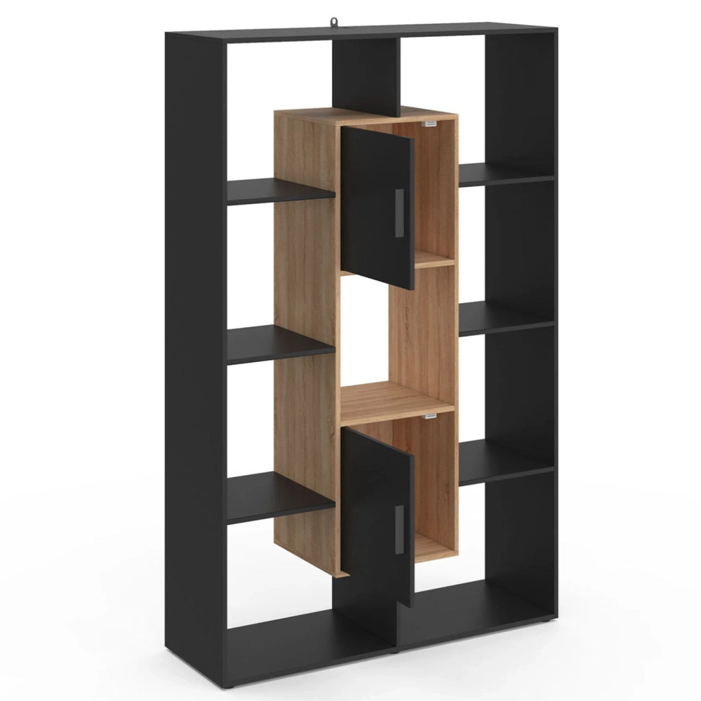 IDMarket - Estantería COLETTE con 11 compartimentos y 2 compartimentos negros y efecto madera H.143 cm