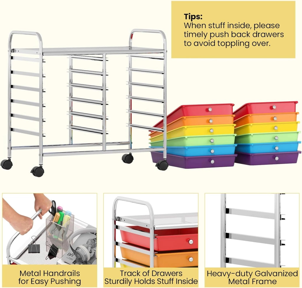 Carrello con 12 cassetti impilabili, carrello per cassetti con ruote e piano di lavoro, carrello per soggiorno, cucina, camera da letto e uffici, 64 x 38 x 62 cm (colorato)