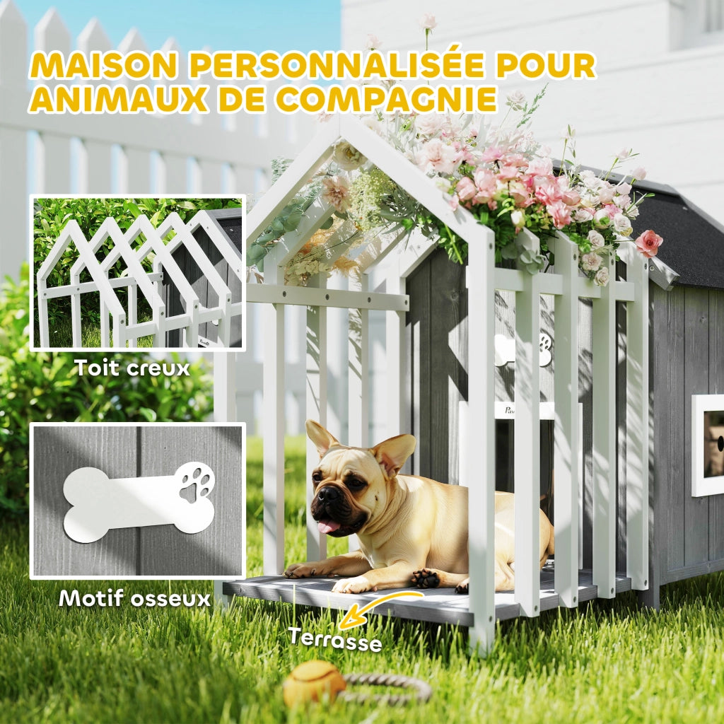 Casetta per cani esterno in legno con terrazza e porta a lamelle ¨C zephmum ¨C 106x62.5x80.5 cm grigio
