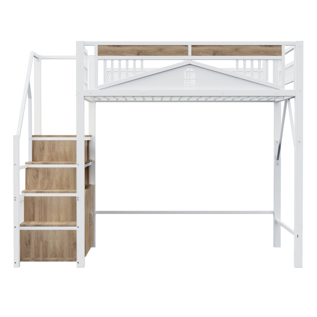 OKWISH Letto a Soppalco 140×200 cm, Letto Matrimoniale con Scala Contenitore, Armadietto e Sponda con Finestra, senza Materasso, Bianco