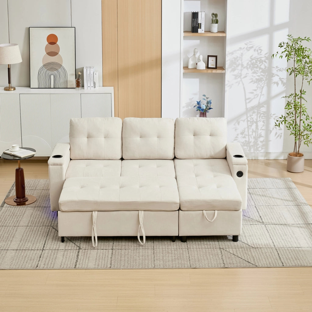 Divano letto pieghevole con contenitore; LED; USB e Type-C; tessuto beige