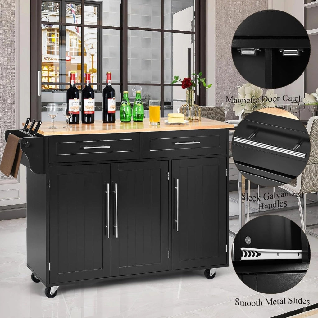Carrello Portaoggetti con Ruote con 2 Freni, Isola Cucina in Rovere Massiccio, Mobiletto da Pranzo con Portaspezie e Portasciugamani, per Soggiorno, 111,5 x 46 x 93 cm, In 2 Pacchi (Nero)