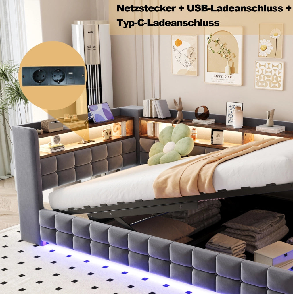 Letto imbottito con contenitore idraulico; LED e prese USB Type-C; 90x200 cm; velluto grigio