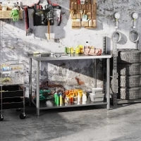 Tavolo da lavoro, banco da lavoro in acciaio inox 2 ripiani, per officina, garage, capannone, 120x60x86cm, argento