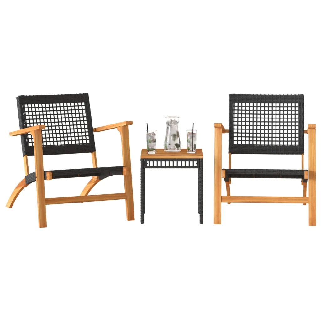 Set da Bistrot 3 pz | Set Salotto da Giardino Nero in Polyrattan e Legno Massello Acacia