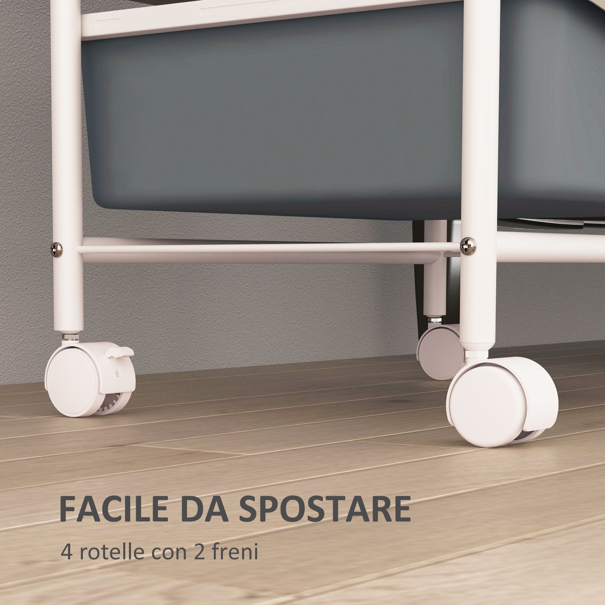 Carrello Portaoggetti Multiuso 40x34x85 cm con 2 Ripiani e 3 Vassoi Scorrevoli in Acciaio e PP Bianco e Grigio