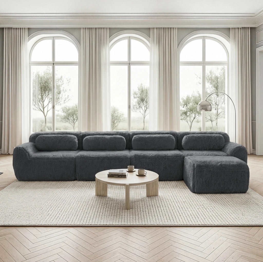 Divano angolare modulare 4 posti a L 378x179x73 cm in tessuto plush grigio con chaise longue